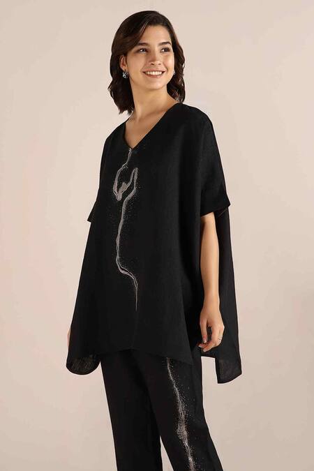 Kaveri Black Linen Embroidery, Foil Printing V-neck Body Top Online at Aza Fashions Kaveri_Black Linen Embroidery, Foil Printing V-neck Body Top _Online_at_Aza_Fashions