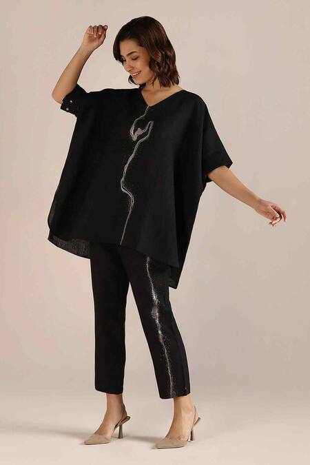 Buy Kaveri Black Linen Embroidery, Foil Printing V-neck Body Top Online at Aza Fashions Buy_Kaveri_Black Linen Embroidery, Foil Printing V-neck Body Top _Online_at_Aza_Fashions