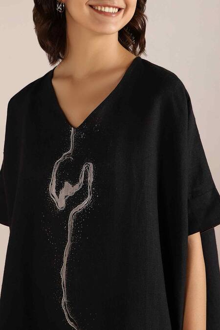 Shop Kaveri Black Linen Embroidery, Foil Printing V-neck Body Top Online at Aza Fashions Shop_Kaveri_Black Linen Embroidery, Foil Printing V-neck Body Top _Online_at_Aza_Fashions