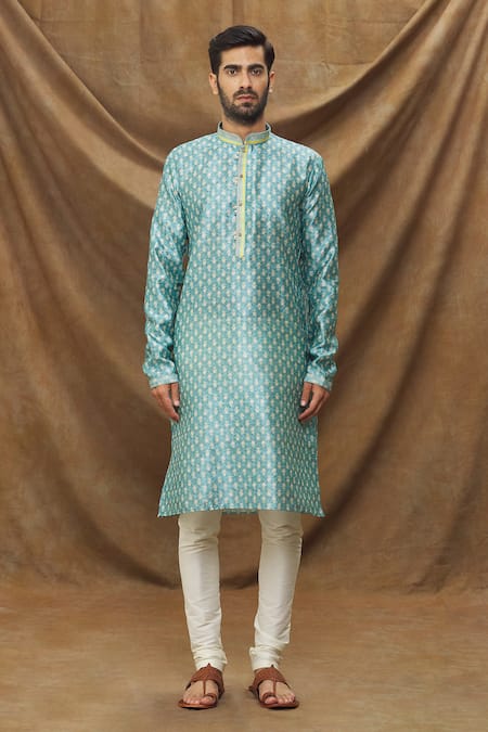 Arihant Rai Sinha_Blue Silk Embroidery Botanic Print Kurta _Online_at_Aza_Fashions