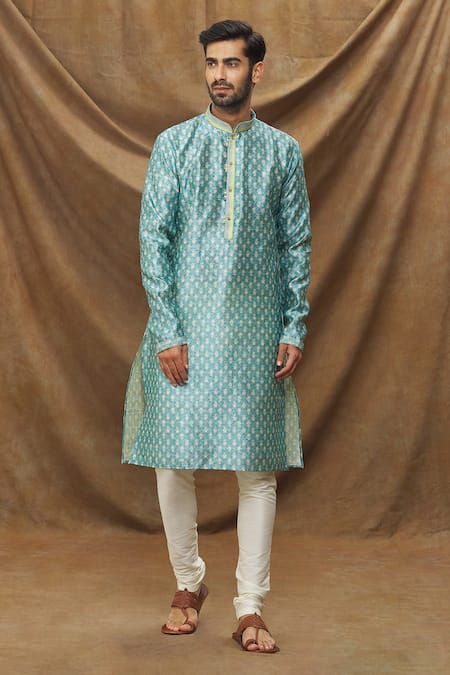 Buy_Arihant Rai Sinha_Blue Silk Embroidery Botanic Print Kurta _Online_at_Aza_Fashions