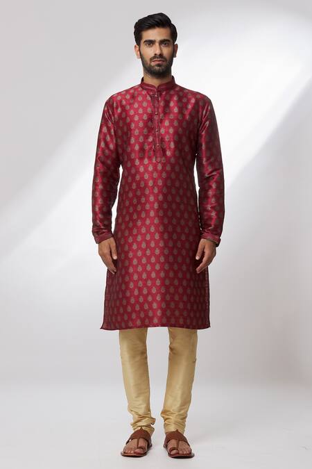 Arihant Rai Sinha Maroon Silk Embroidery Floret Print Kurta Online at Aza Fashions Arihant Rai Sinha_Maroon Silk Embroidery Floret Print Kurta_Online_at_Aza_Fashions