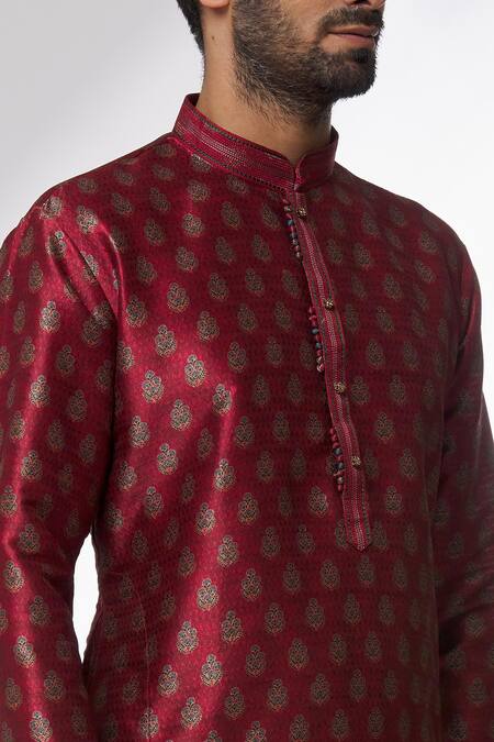 Shop Arihant Rai Sinha Maroon Silk Embroidery Floret Print Kurta Online at Aza Fashions Shop_Arihant Rai Sinha_Maroon Silk Embroidery Floret Print Kurta_Online_at_Aza_Fashions