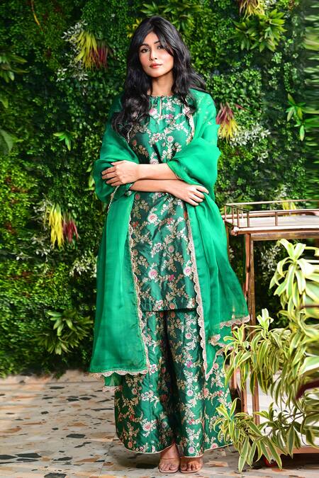 Buy_Vishwa By Pinki Sinha_Green Silk, Brocade Zari Round Neck Banarsi Kurta Sharara Set _Online_at_Aza_Fashions