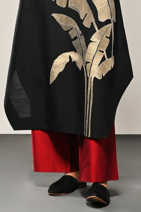 Buy_Taika By Poonam Bhagat_Black Silk, Polyester Embroidery Round Banana Bunch Kurta And Flared Pant Set _Online_at_Aza_Fashions