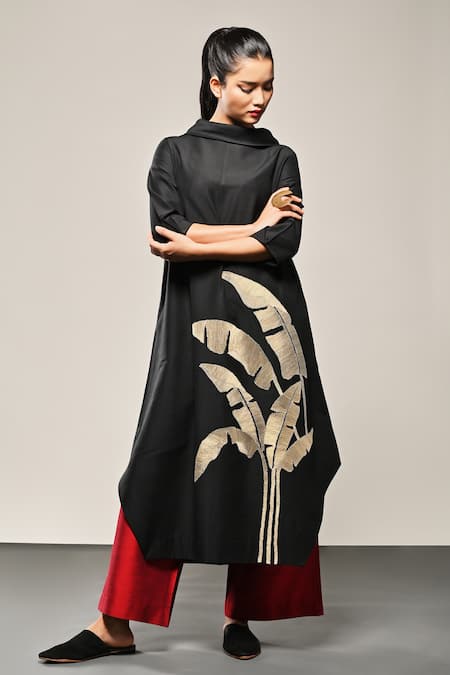 Shop_Taika By Poonam Bhagat_Black Silk, Polyester Embroidery Round Banana Bunch Kurta And Flared Pant Set _Online_at_Aza_Fashions