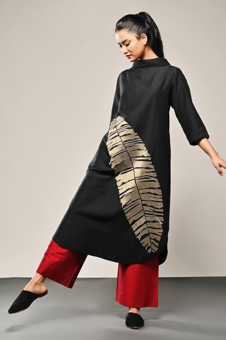 Shop_Taika By Poonam Bhagat_Black Silk Embroidery Round Neck Banana Leaf Kurta And Flared Pant Set _Online_at_Aza_Fashions