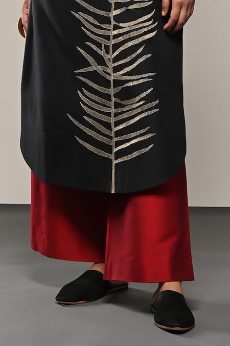 Buy_Taika By Poonam Bhagat_Black Silk, Polyester Embroidery Round Neck Fern Kurta And Flared Pant Set _Online_at_Aza_Fashions