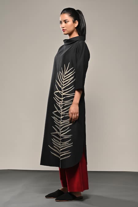 Shop_Taika By Poonam Bhagat_Black Silk, Polyester Embroidery Round Neck Fern Kurta And Flared Pant Set _Online_at_Aza_Fashions