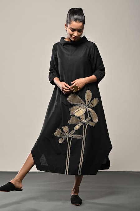 Taika By Poonam Bhagat Black Silk Embroidery Round Neck Titli Floral Dress 