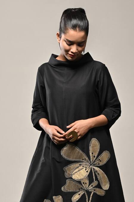 Taika By Poonam Bhagat Black Silk Embroidery Round Neck Titli Floral Dress Online at Aza Fashions Taika By Poonam Bhagat_Black Silk Embroidery Round Neck Titli Floral Dress _Online_at_Aza_Fashions