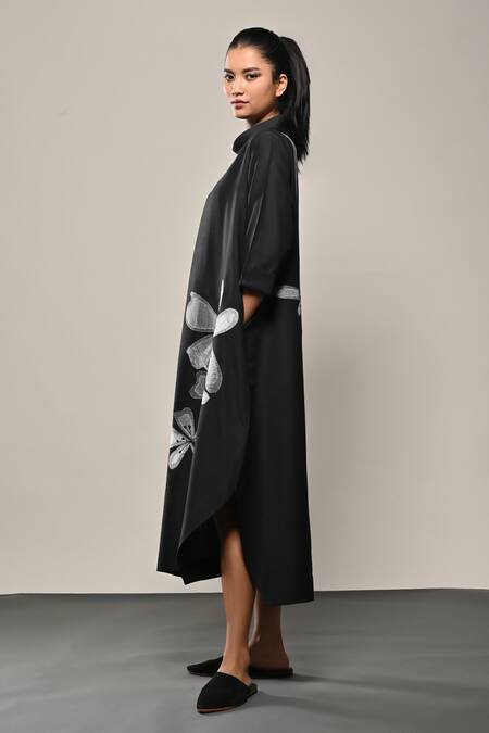 Buy_Taika By Poonam Bhagat_Black Silk Embroidery Round Neck Titli Flower Dress _Online_at_Aza_Fashions