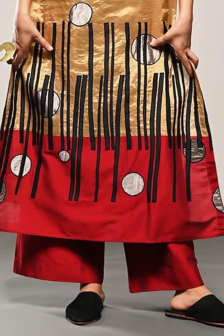 Buy_Taika By Poonam Bhagat_Gold Silk Embroidery Round Neck Chopsticks Kurta And Flared Pant Set _Online_at_Aza_Fashions