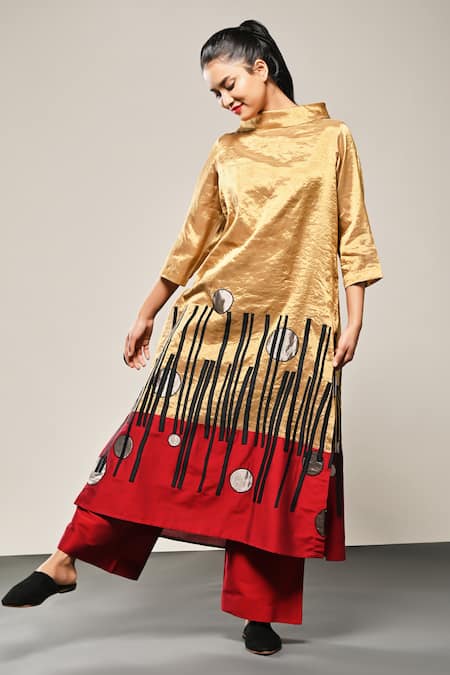 Shop_Taika By Poonam Bhagat_Gold Silk Embroidery Round Neck Chopsticks Kurta And Flared Pant Set _Online_at_Aza_Fashions