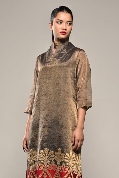 Buy_Taika By Poonam Bhagat_Gold Cotton, Silk, Chanderi, Tissue Applique Vase Work Kurta And Flared Pant Set _Online_at_Aza_Fashions