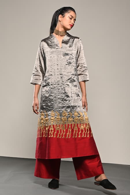 Taika By Poonam Bhagat Warli Applique Work Kurta & Flared Pant Set 