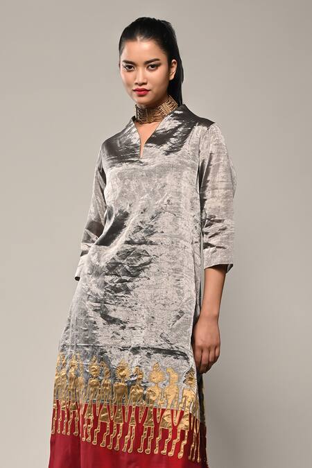 Taika By Poonam Bhagat_Silver Chanderi Tissue Applique Work Kurta And Flared Pant Set  _Online_at_Aza_Fashions