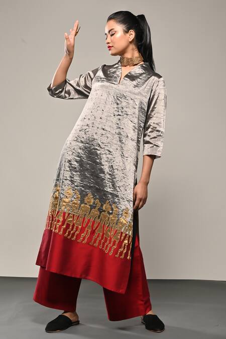 Buy_Taika By Poonam Bhagat_Silver Chanderi Tissue Applique Work Kurta And Flared Pant Set  _Online_at_Aza_Fashions