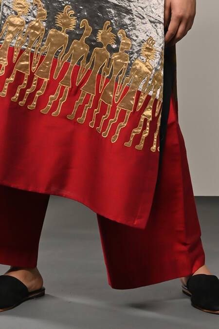 Shop_Taika By Poonam Bhagat_Silver Chanderi Tissue Applique Work Kurta And Flared Pant Set  _Online_at_Aza_Fashions