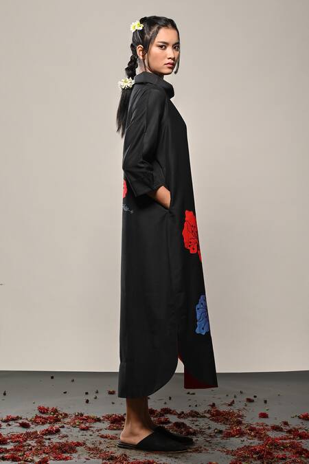 Buy_Taika By Poonam Bhagat_Black Silk Applique Round Neck Hibiscus Work Dress _Online_at_Aza_Fashions