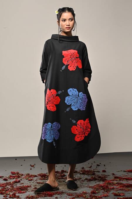 Shop_Taika By Poonam Bhagat_Black Silk Applique Round Neck Hibiscus Work Dress _Online_at_Aza_Fashions
