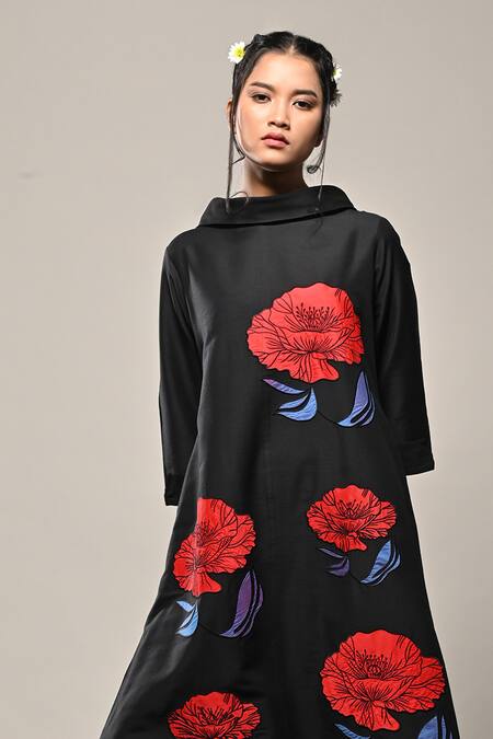 Taika By Poonam Bhagat Black Silk Applique Round Neck Poppy Floral Work Dress Online at Aza Fashions Taika By Poonam Bhagat_Black Silk Applique Round Neck Poppy Floral Work Dress _Online_at_Aza_Fashions