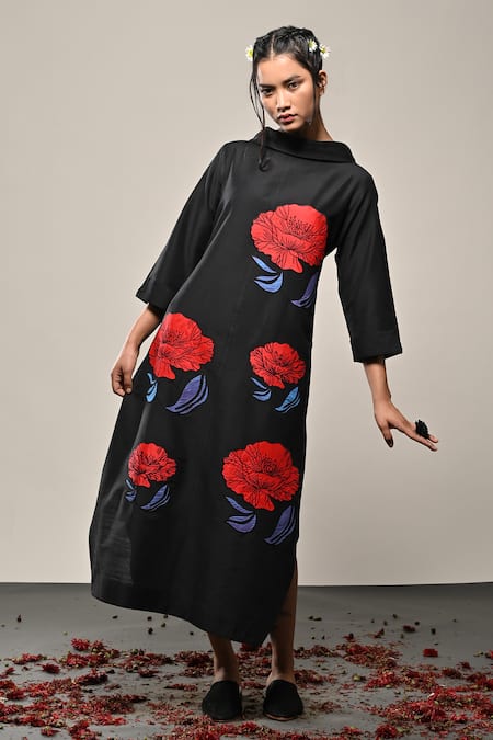 Buy Taika By Poonam Bhagat Black Silk Applique Round Neck Poppy Floral Work Dress Online at Aza Fashions Buy_Taika By Poonam Bhagat_Black Silk Applique Round Neck Poppy Floral Work Dress _Online_at_Aza_Fashions