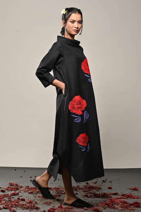 Shop Taika By Poonam Bhagat Black Silk Applique Round Neck Poppy Floral Work Dress Online at Aza Fashions Shop_Taika By Poonam Bhagat_Black Silk Applique Round Neck Poppy Floral Work Dress _Online_at_Aza_Fashions