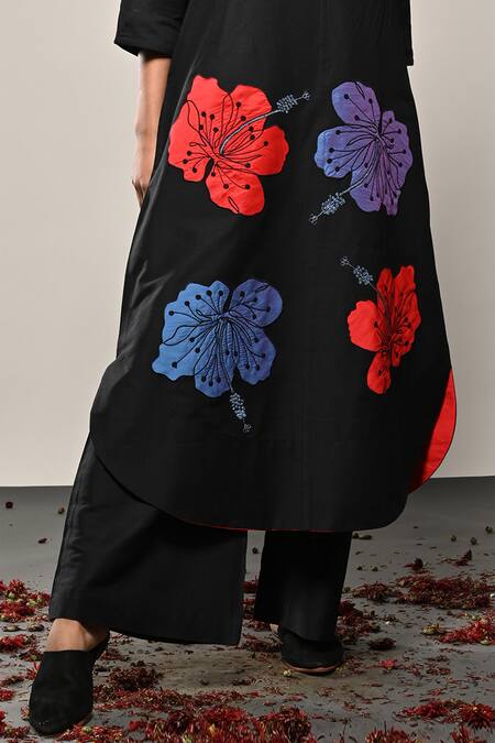 Buy_Taika By Poonam Bhagat_Black Silk Applique Round Neck Hibiscus Work Kurta And Flared Pant Set _Online_at_Aza_Fashions