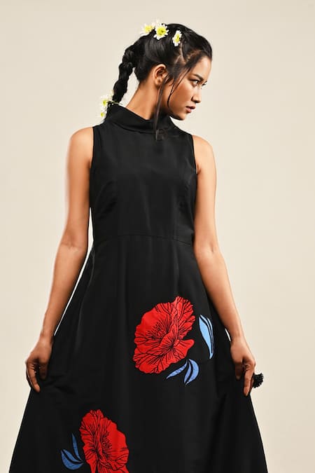 Taika By Poonam Bhagat Black Silk Embroidery Round Neck Cocoon Poppy Floral Dress Online at Aza Fashions Taika By Poonam Bhagat_Black Silk Embroidery Round Neck Cocoon Poppy Floral Dress _Online_at_Aza_Fashions
