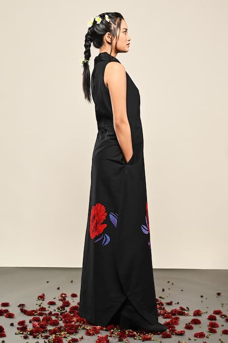 Buy Taika By Poonam Bhagat Black Silk Embroidery Round Neck Cocoon Poppy Floral Dress Online at Aza Fashions Buy_Taika By Poonam Bhagat_Black Silk Embroidery Round Neck Cocoon Poppy Floral Dress _Online_at_Aza_Fashions