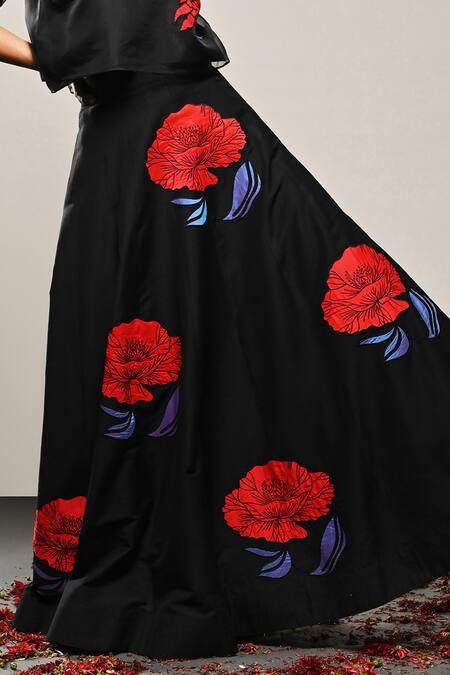 Buy_Taika By Poonam Bhagat_Black Organza Embroidery Floral Round Poppy Love Crop Top And Skirt Set  _Online_at_Aza_Fashions