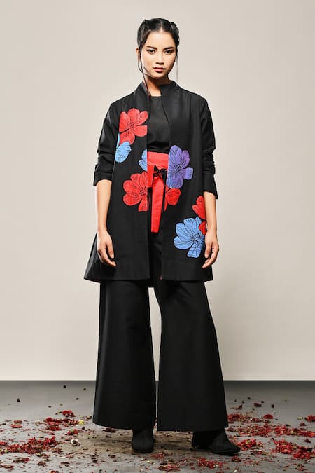 Taika by Poonam Bhagat Black Cotton Silk Embroidery Floral High Neck Poppy Hibiscus Jacket  