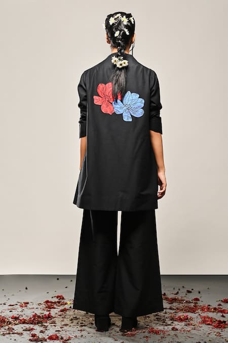 Taika By Poonam Bhagat_Black Cotton, Silk Applique High Neck Poppy Hibiscus Embroidered Jacket _Online_at_Aza_Fashions
