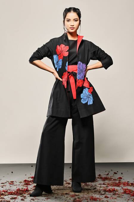 Buy_Taika By Poonam Bhagat_Black Cotton, Silk Applique High Neck Poppy Hibiscus Embroidered Jacket _Online_at_Aza_Fashions