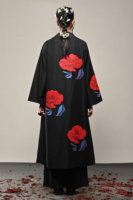 Taika By Poonam Bhagat Black Cotton, Silk Embroidery Shawl Neck Poppy Love Floral Applique Work Jacket Online at Aza Fashions Taika By Poonam Bhagat_Black Cotton, Silk Embroidery Shawl Neck Poppy Love Floral Applique Work Jacket _Online_at_Aza_Fashions