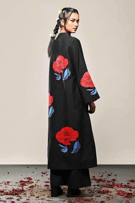 Buy Taika By Poonam Bhagat Black Cotton, Silk Embroidery Shawl Neck Poppy Love Floral Applique Work Jacket Online at Aza Fashions Buy_Taika By Poonam Bhagat_Black Cotton, Silk Embroidery Shawl Neck Poppy Love Floral Applique Work Jacket _Online_at_Aza_Fashions