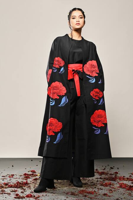 Shop Taika By Poonam Bhagat Black Cotton, Silk Embroidery Shawl Neck Poppy Love Floral Applique Work Jacket Online at Aza Fashions Shop_Taika By Poonam Bhagat_Black Cotton, Silk Embroidery Shawl Neck Poppy Love Floral Applique Work Jacket _Online_at_Aza_Fashions