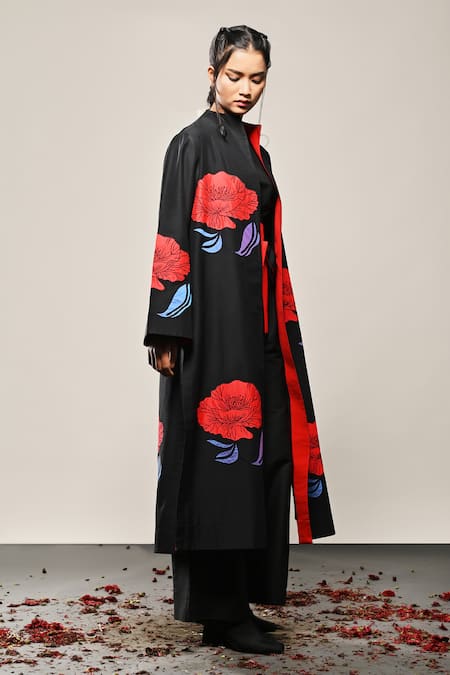 Taika By Poonam Bhagat Black Cotton, Silk Embroidery Shawl Neck Poppy Love Floral Applique Work Jacket at Aza Fashions Taika By Poonam Bhagat_Black Cotton, Silk Embroidery Shawl Neck Poppy Love Floral Applique Work Jacket _at_Aza_Fashions