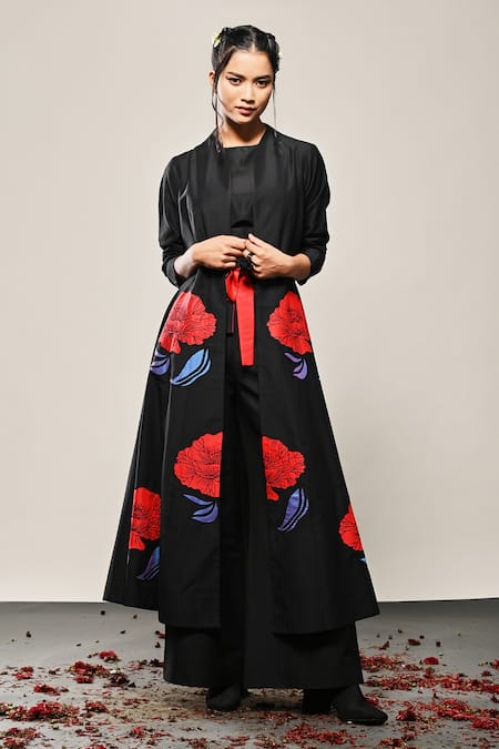 Taika by Poonam Bhagat Black Cotton Silk Embroidery Floral Shawl Poppy Love Flower Jacket  