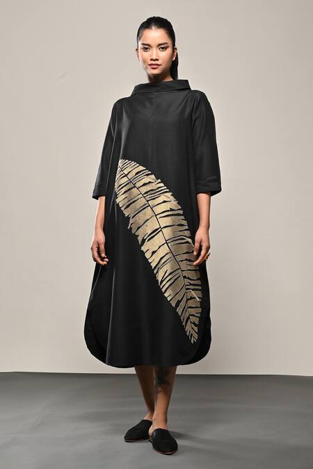 Taika By Poonam Bhagat Black Silk Embroidery Round Neck Banana Leaf Dress Online at Aza Fashions Taika By Poonam Bhagat_Black Silk Embroidery Round Neck Banana Leaf Dress _Online_at_Aza_Fashions