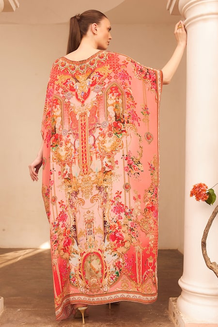 Shop Zariaah Pink Viscose, Silk Crystals Round Neck Lotus Bloom Print Kaftan at Aza Fashions Shop_Zariaah_Pink Viscose, Silk Crystals Round Neck Lotus Bloom Print Kaftan _at_Aza_Fashions