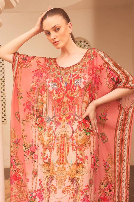 Zariaah Pink Viscose, Silk Crystals Round Neck Lotus Bloom Print Kaftan Online at Aza Fashions Zariaah_Pink Viscose, Silk Crystals Round Neck Lotus Bloom Print Kaftan _Online_at_Aza_Fashions