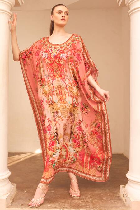 Buy Zariaah Pink Viscose, Silk Crystals Round Neck Lotus Bloom Print Kaftan Online at Aza Fashions Buy_Zariaah_Pink Viscose, Silk Crystals Round Neck Lotus Bloom Print Kaftan _Online_at_Aza_Fashions