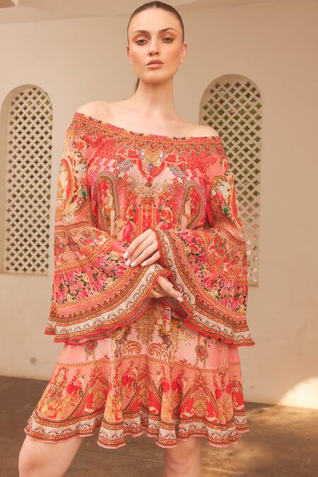 Zariaah_Pink Viscose, Silk Crystals, Embroidery Round Neck Lotus Bloom Print Frill Dress _Online_at_Aza_Fashions