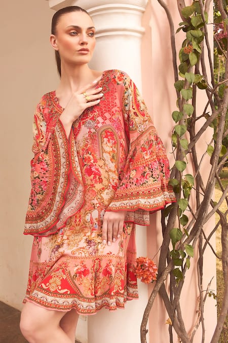 Buy_Zariaah_Pink Viscose, Silk Crystals, Embroidery Round Neck Lotus Bloom Print Frill Dress _Online_at_Aza_Fashions