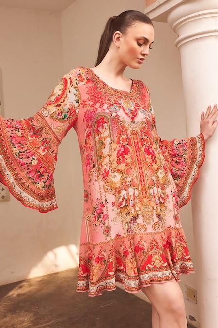 Shop_Zariaah_Pink Viscose, Silk Crystals, Embroidery Round Neck Lotus Bloom Print Frill Dress _Online_at_Aza_Fashions
