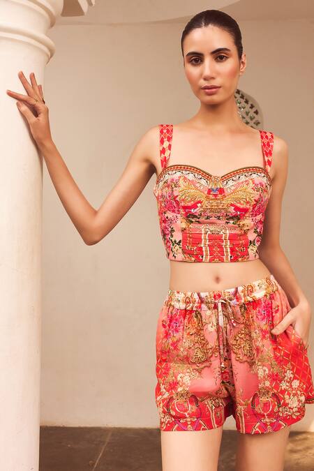 Shop Zariaah Pink Viscose, Silk Crystals, Embroidery Sweetheart Lotus Bloom Print Bustier Top at Aza Fashions Shop_Zariaah_Pink Viscose, Silk Crystals, Embroidery Sweetheart Lotus Bloom Print Bustier Top _at_Aza_Fashions