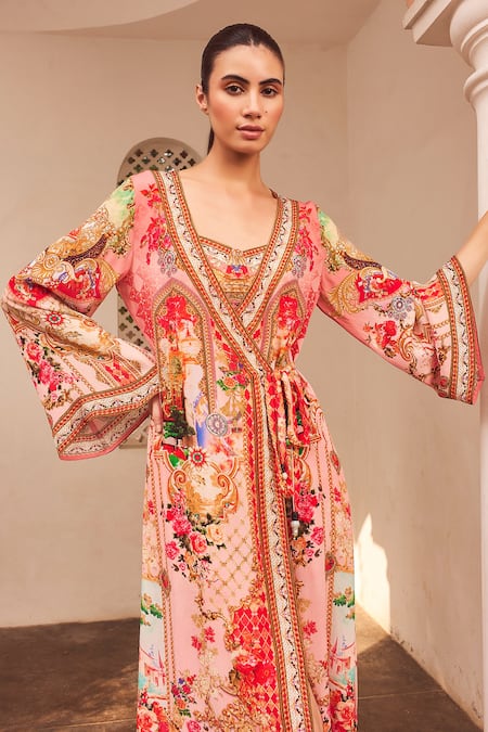 Shop Zariaah Pink Viscose, Silk Crystals, Embroidery Plunge Neck Lotus Bloom Print Wrap Dress Online at Aza Fashions Shop_Zariaah_Pink Viscose, Silk Crystals, Embroidery Plunge Neck Lotus Bloom Print Wrap Dress _Online_at_Aza_Fashions