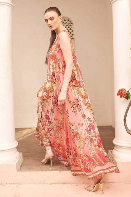 Shop_Zariaah_Pink Viscose, Silk Crystals V-neck Lotus Bloom Print A-line Dress _at_Aza_Fashions